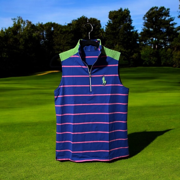 Ralph Lauren Royal Blue Sleeveless Polo Top w/Pink Stripes & Lime Green Accents - Picture 4 of 15